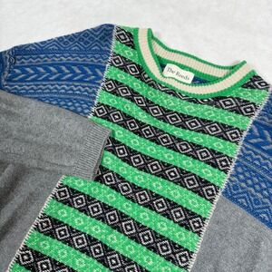 The Reeds Geometric Patchwork Knit Sweater Green Blue Gray Crew Neck Size M